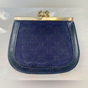 Vintage EUC Gucci Kisslock Double G Coated Canvas Dual Pocket Coin Purse ITALY